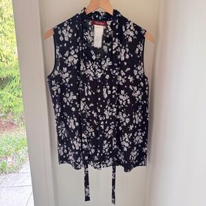 Vintage Max Mara Studio Floral Silk Sleeveless Blouse Navy Blue Lavender